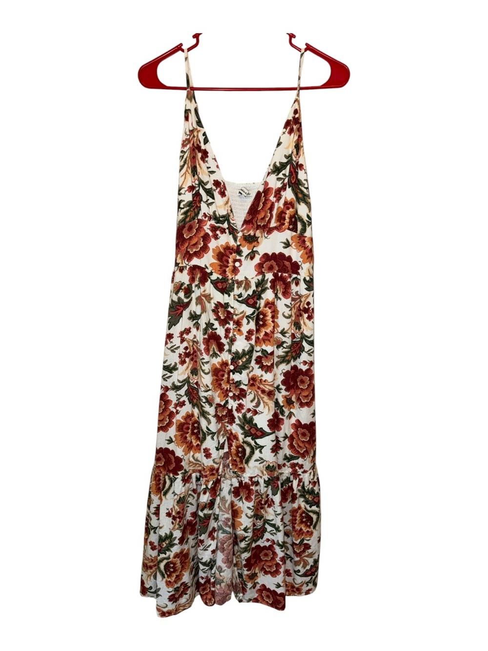 ABERCROMBIE & FITCH Linen Spaghetti Strap V Neck Tiered Ruffle Midi Dress Floral